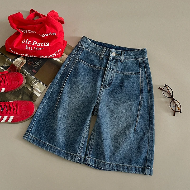 

Женские джинсовые шорты с высокой талией и широкими полосками, универсальные женские повседневные мягкие прямые джинсовые шорты темно-синего цвета