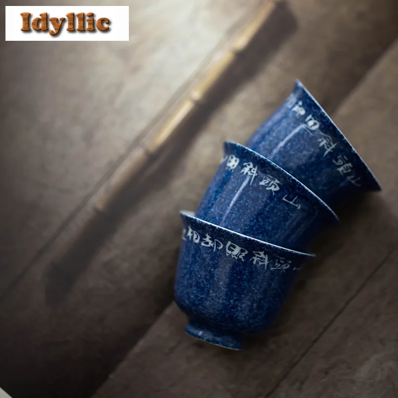 

2pc/lot Handwritten Poetry And Prose Blue Glaze Teacup Luxury Tea Bowl Tea Pair Tea-tasting Personal Cup Chazhan Master Cup 40ml