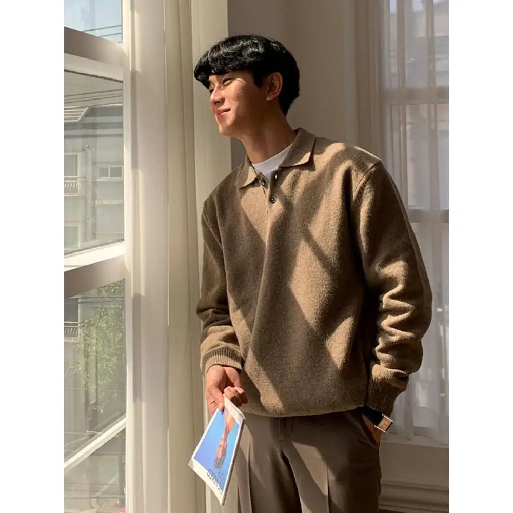 Autumn Pure Color  Collar Loose Fit Men's Knitwear Casual Versatile Korean Sle Hong Kong Faion Streetwear Sweater