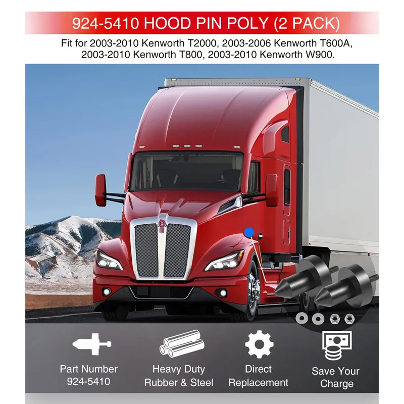 NONY 924-5410 Hood Pin Poly for 2003-2010 Kenworth T2000, T400, T440, T450, T470, T600, T660, T800, W900.#32.4001R #K179-528