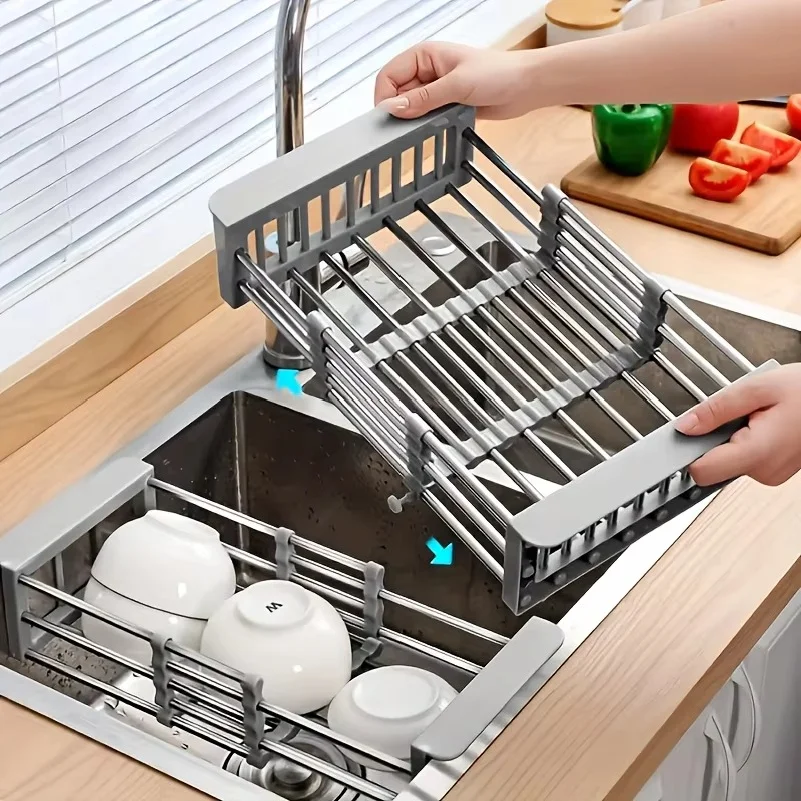Kitchen Sink Drain Rack Retractable Stainless Steel Drain Basket Over The Sink Dish Drying Rack Multifunctional Accessories
