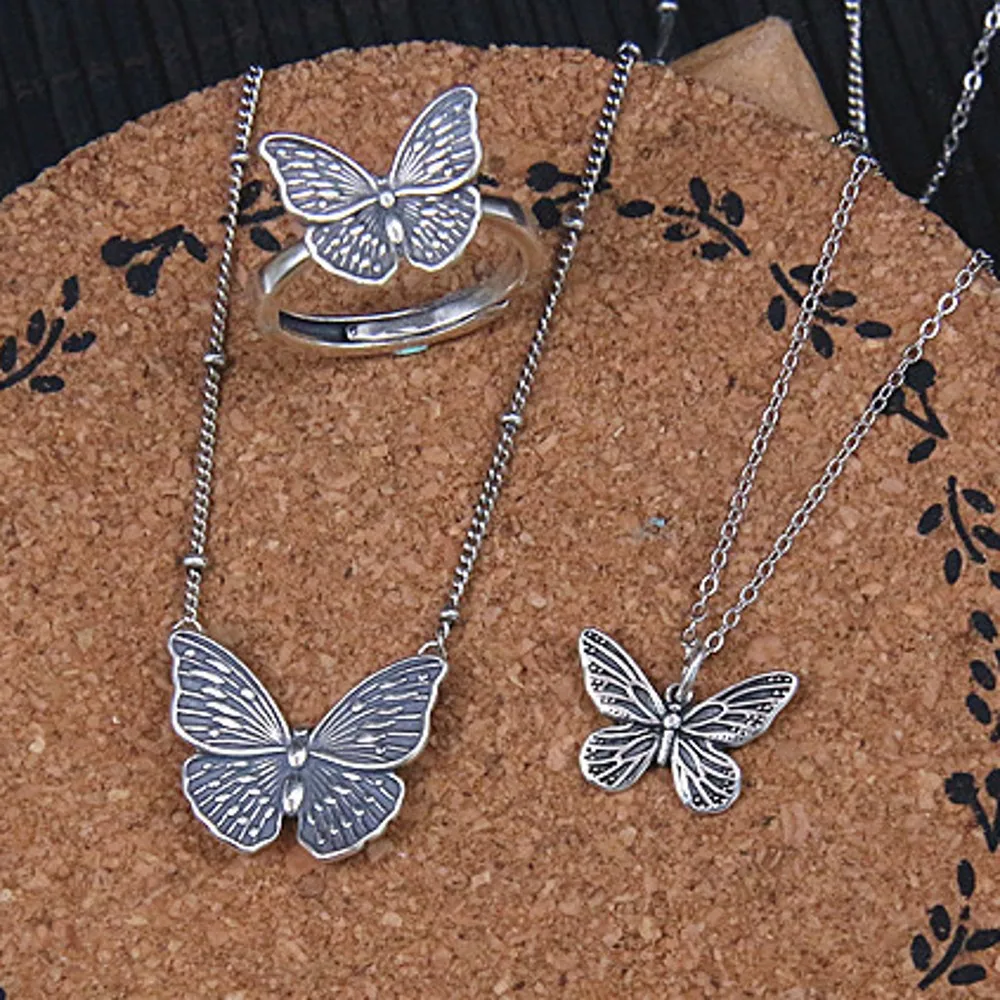 

BOCAI New S925 Sterling Silver Rings Necklace Pendant for Women Antique Silver Finish Butterfly Charm Necklet Fine Jewelry