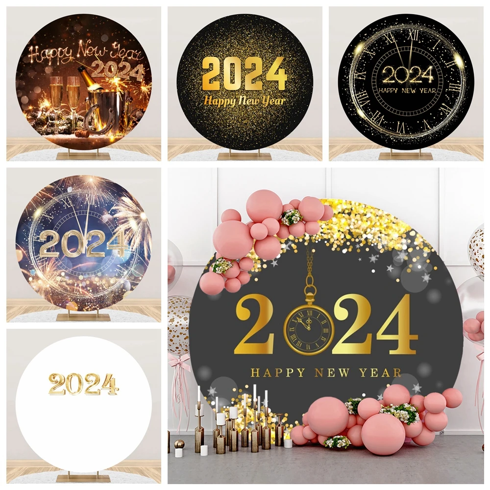 

2024 Happy New Year Round Backdrop Cover Clock Beer Firework Baby Portrait Family Party Photography Background Photocall Decor