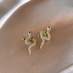 Cute Rhinestone Golden Color Snake Bamboo Leaf Earrings For Women Exquisite Lovely Animal Earrings Party Jewelry New Year Gifts