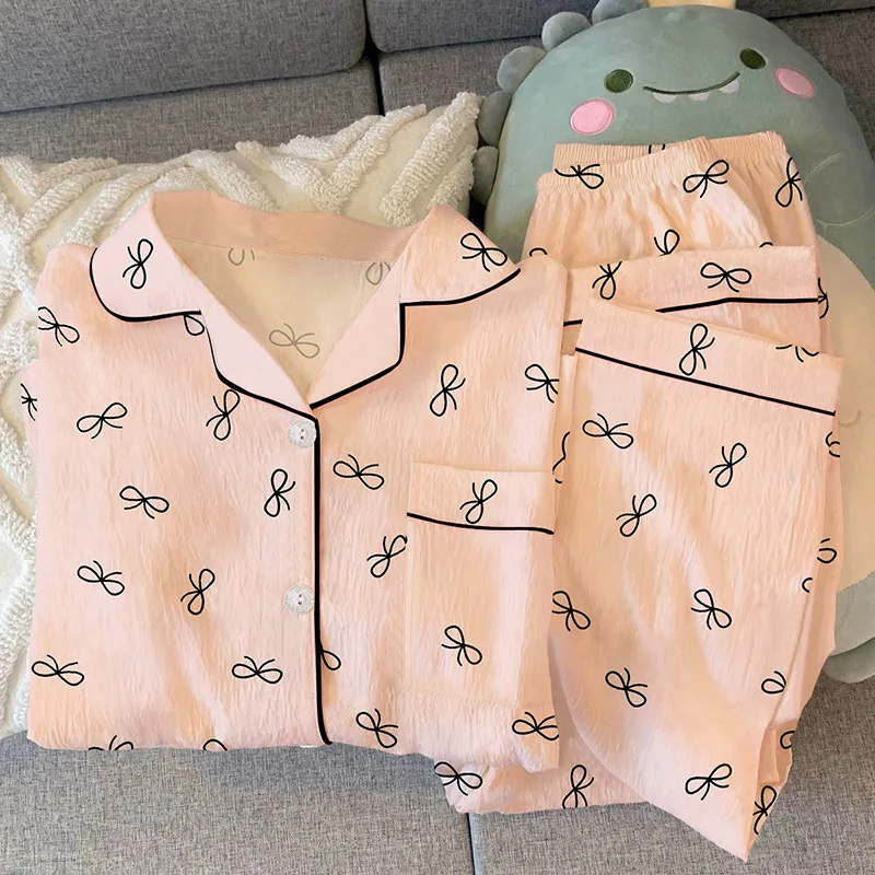 Koreanischer Süßer Ins-Style Schleifen-Pyjama aus Faltenstoff für Damen – Zweiteiliges Set mit langen Ärmeln und langen Hosen für Frühling und Herbst