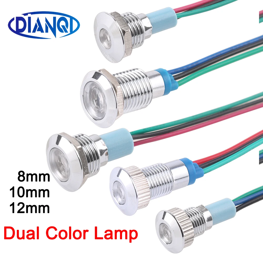 

LED Metal Indicator Light 8mm Waterproof Signal Lamp Dot With Wire Red Yellow Blue Green Two-color Indicator DC 24
