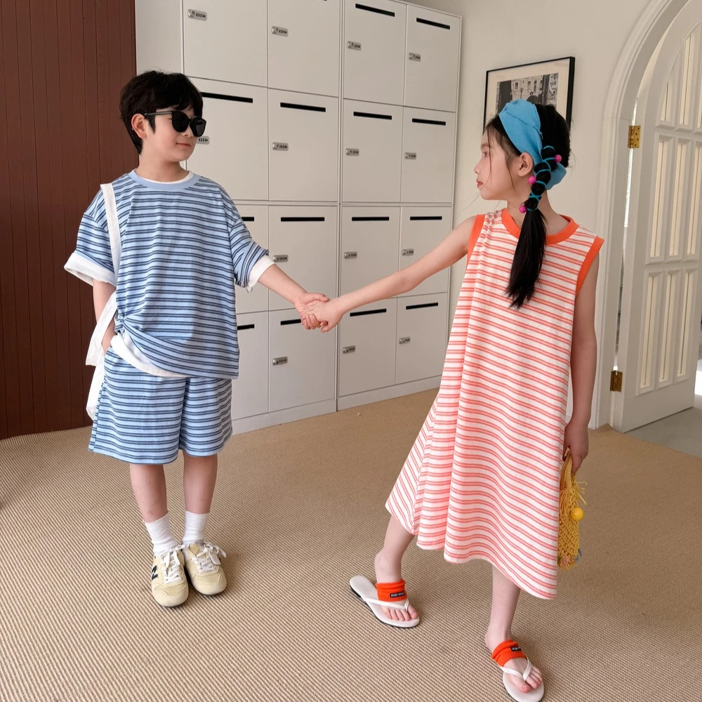 Set 2026 Spring and Summer New Childrens Wear Boys and Girls Stripe Short-sleeved Shorts Two-piece Dress Brother and Sister