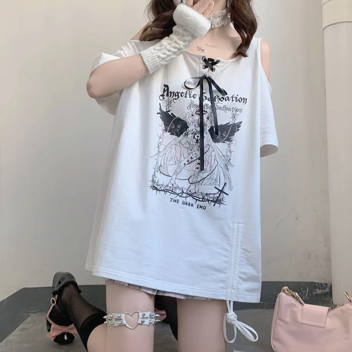 Harajuku Cartoon Print Kawaii T-shirt Women Off Shoulder Graphic T Shirts Fairy Grunge Y2k Aesthetic Tee Shirts Gothic clothing