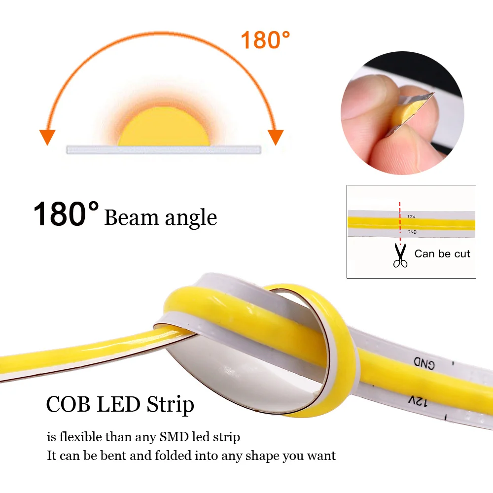 DC 12V 24V światło pasek COB LED 320 480 528 diod elastyczna taśma wysokiej gęstości oświetlenie liniowe ciepła biała 8mm PCB 0.5m 1m 2m 5m 10m