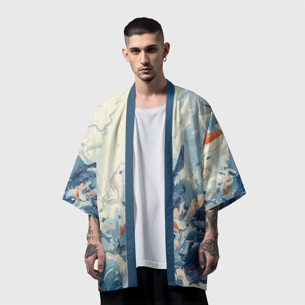 

Flower Koi Print Cardigan Haori Beach Yukata Japanese Kimono Fashion Streetwear Men Women Asian Clothing Plus Size 5XL 6XL