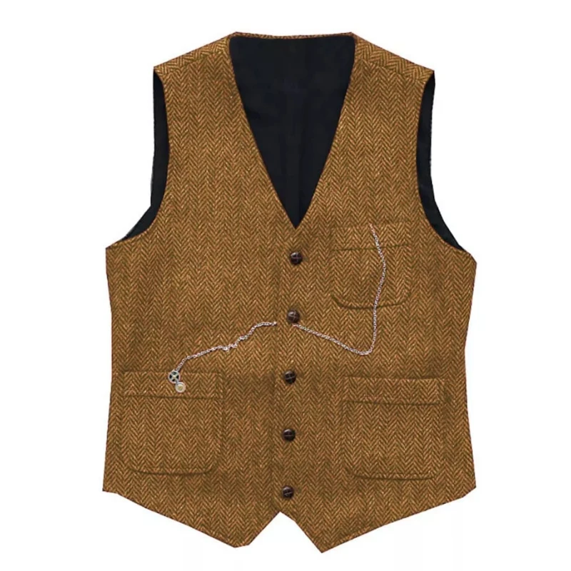 

Herringbone Men Suit Vest Brown Tweed Business Waistcoat Jacket Casual Slim Fit Wedding Groom Banquet Work Set