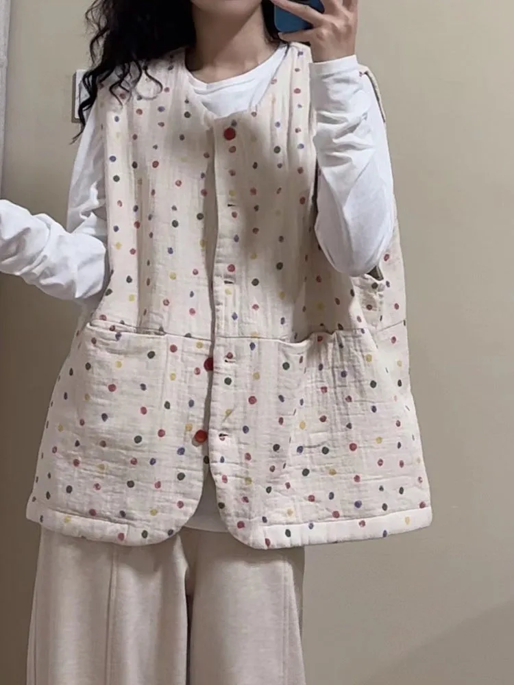 

Retro Cotton Linen Polka Dot Women's Vest Loose Layering Warmth Cotton Coat oulder Pad Outerwear Top for Winter 2024