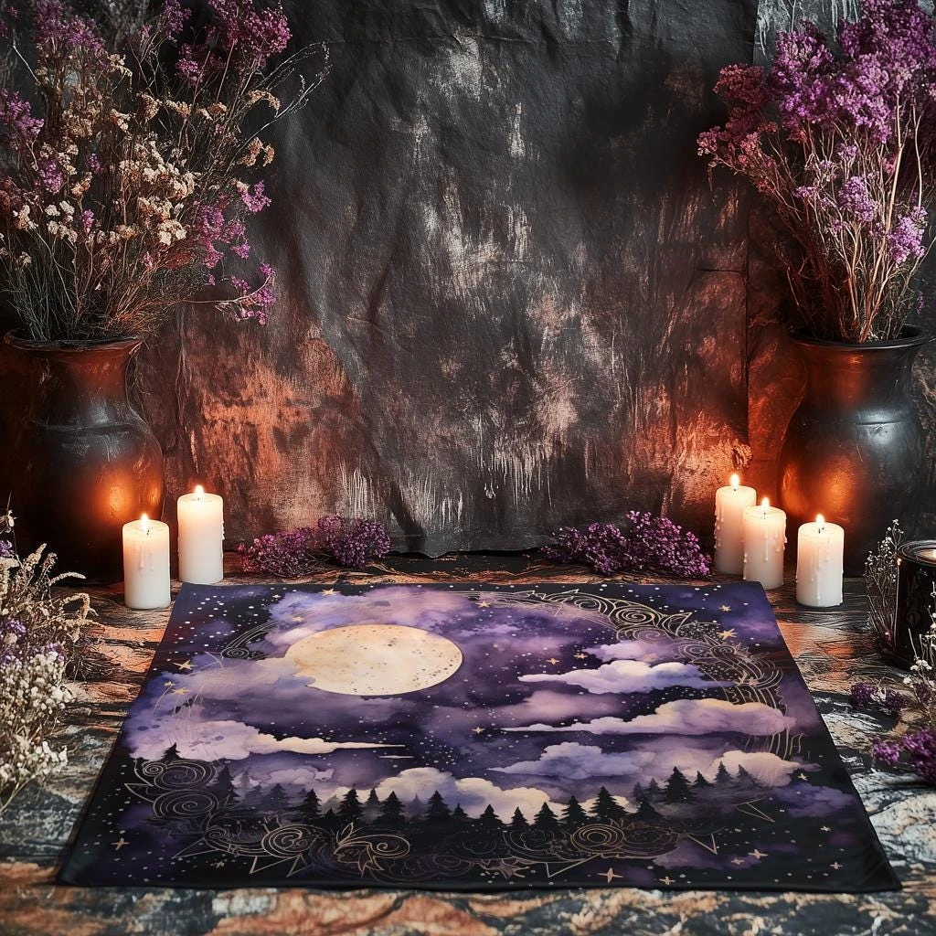 Mystical Moon Phase Forest tablecloth , Purple Starry Sky Witchy Wall Hanging for Bedroom Aesthetic