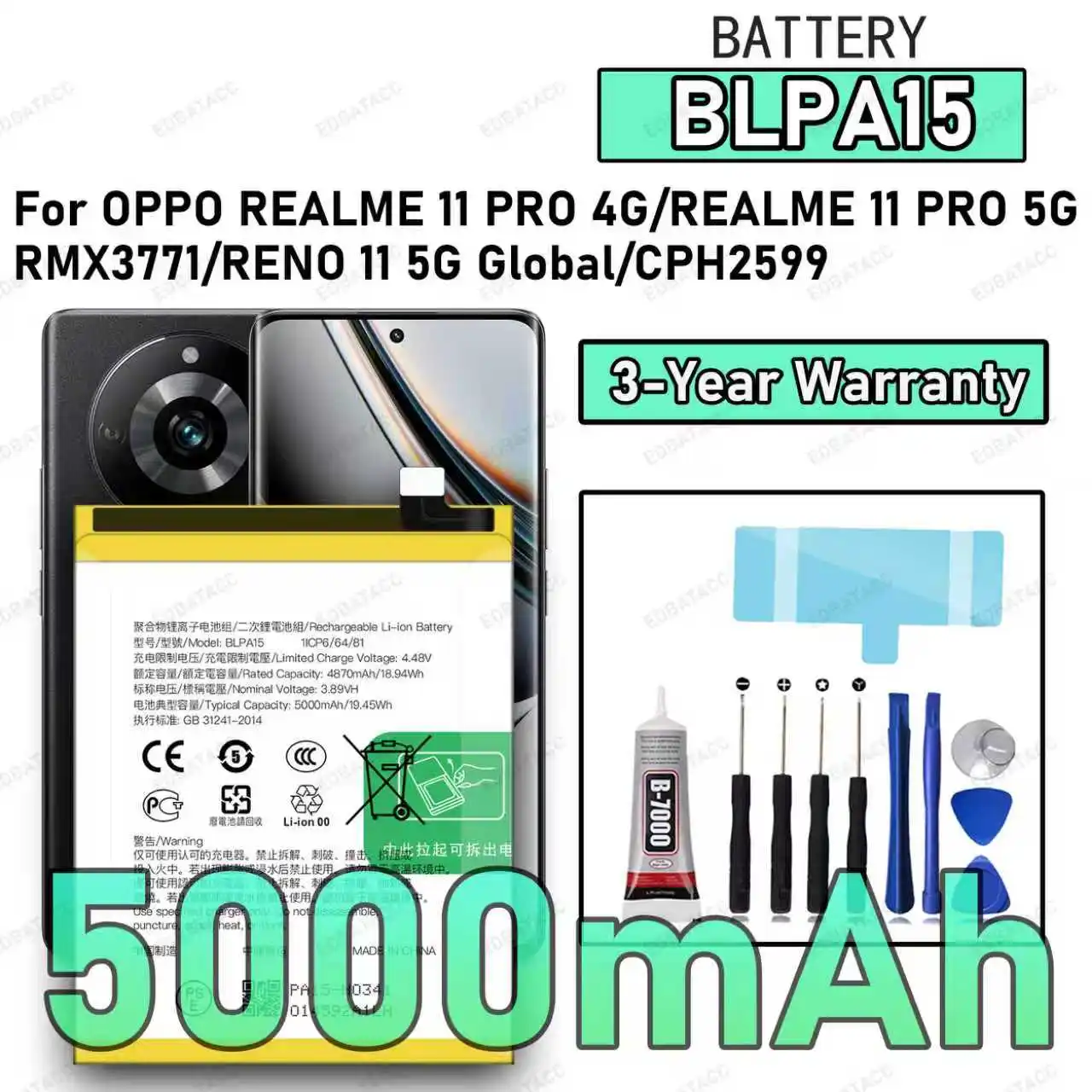 

100% New High Quality BLPA15 Battery For OPPO Realme 11 Pro 4G/Realme 11 Pro 5G/RMX3771/Reno 11 5G Global Replacement Battery Ba