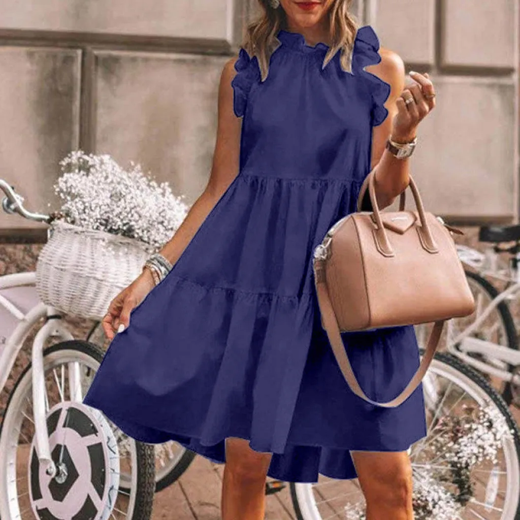 

Fashion Ruffles Collar White Loose Beach Woman Dress 2024 Summer Casual Boho Sleeveless Big Hem Ladies Dresses For Women Robe