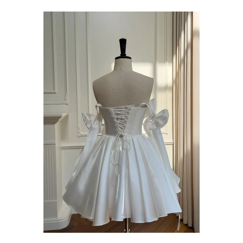 Weiße Satin-Schleife, Spaghettiträger, Cocktailkleider, A-Linie, knielang, kurze Partykleider, Heimkehrkleider, formelle Ballkleider