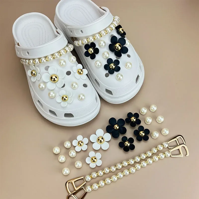 Shoe Charm DIY Black White Flowers Pearl Chain Decoration Buckle for Hole Shoe Charms Set Accessories Kids Girls Gift