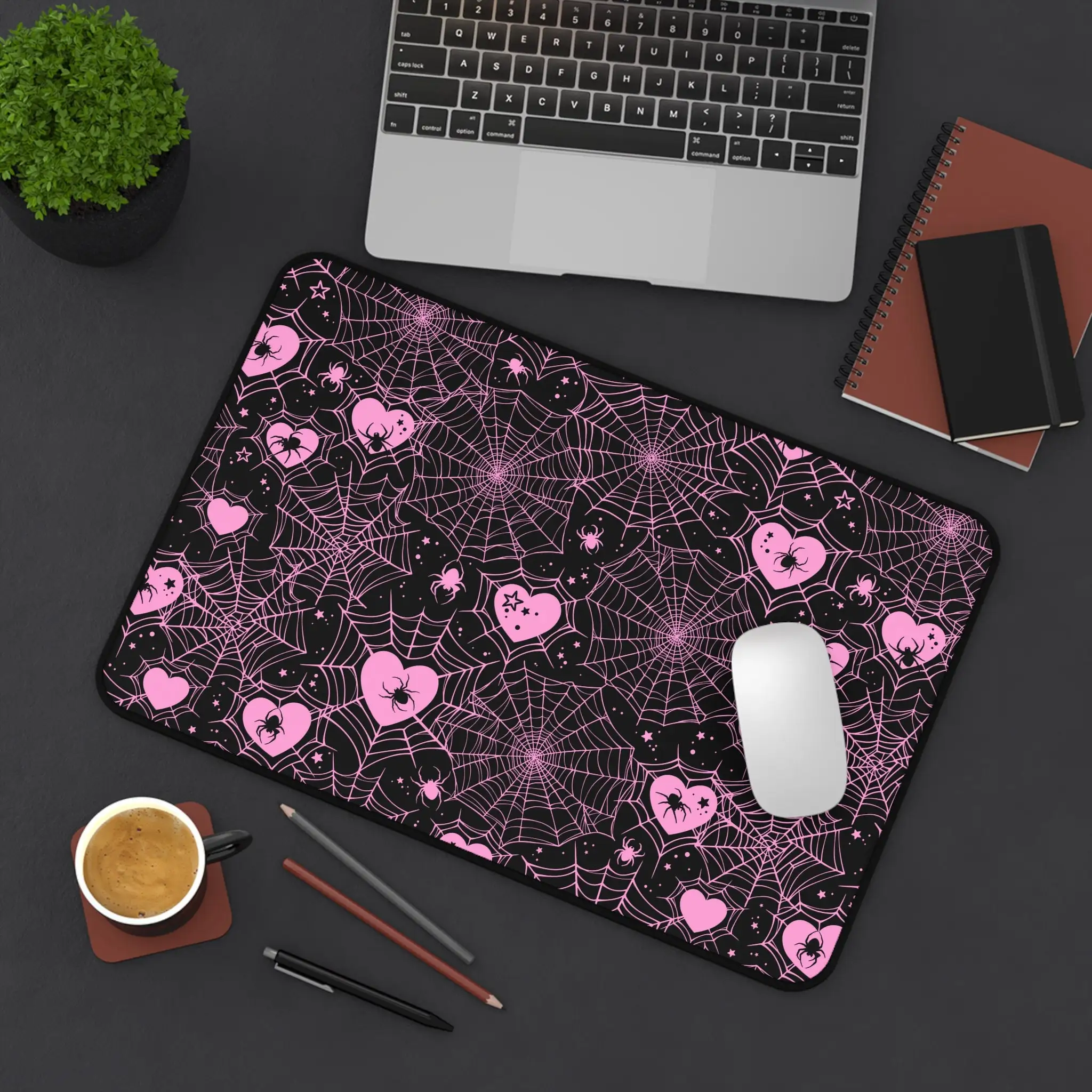 Pink Spiderweb Hearts Desk Mat Pastel Kawaii Gothic Cute Computer Laptop Office Tech Gaming Setup Mouse Pad Gifts Presents