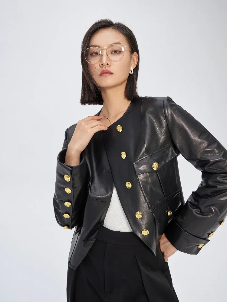 

Elegant O-neck Genuine Leather Motorcycle Jackets for Women Spring Autumn 2026 High-end Simple Black Short Real Sheepskin Coat