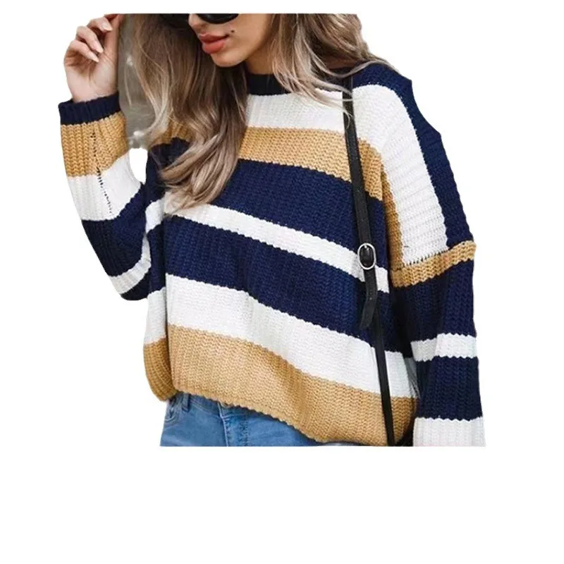 

New Women's Clothing Is Simple Loose Multi-color Stripes and Knitted Sweaters Comfortable Casual