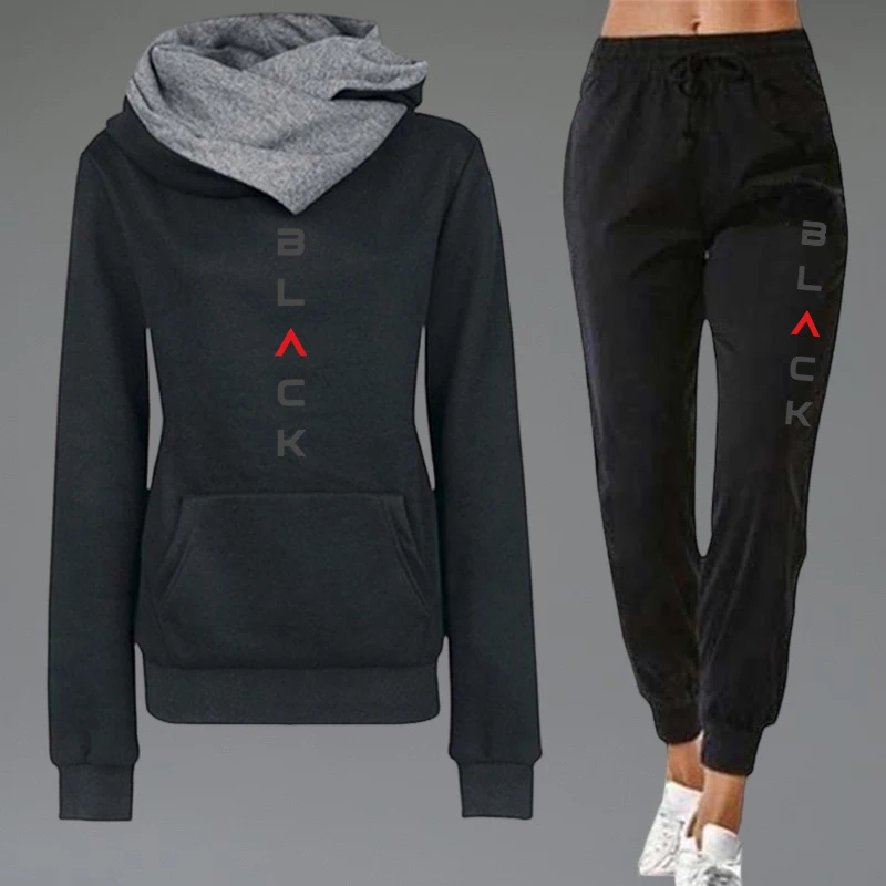 

Осень-зима, новинка женского спортивного костюма, черная толстовка с буквенным принтом + брюки, городская повседневная модная толстовка с капюшоном, трендовый комплект для бега
