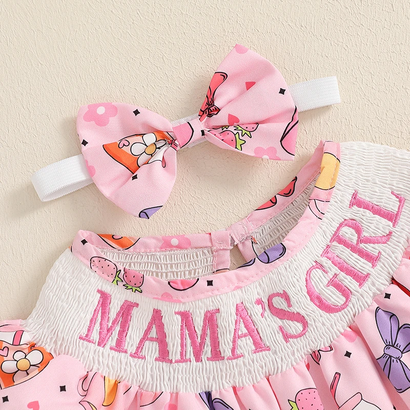 طفلة 2 قطعة ملابس الصيف بلا أكمام جولة الرقبة الكرتون القوس طباعة Smocked رومبير مع مجموعة عصابات رأس ملابس الرضع #4