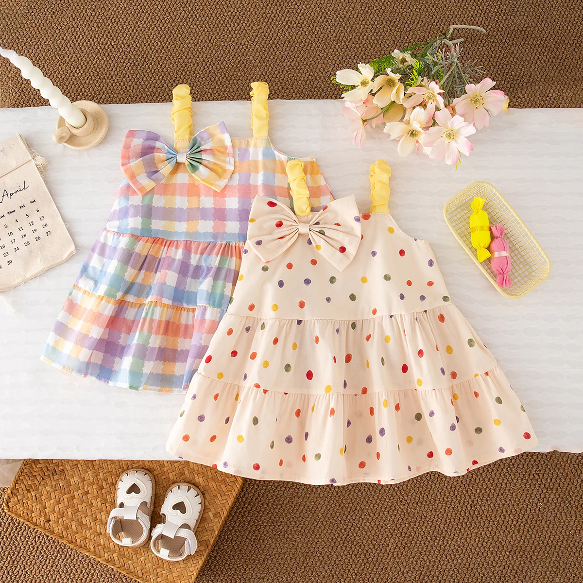 

Летнее хлопковое платье для маленьких девочек, красочное платье в горошек с милым бантом на подтяжках для девочек, пляжный дорожный костюм
