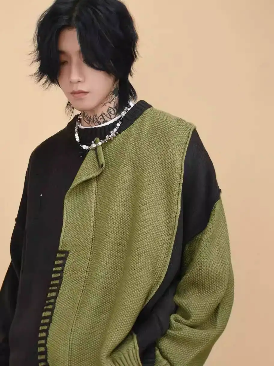 Autumn Men's Streetwear Niche Sweater Irregular Stitching Color Block Patchwork Design Round Neck Pullover Knitwear