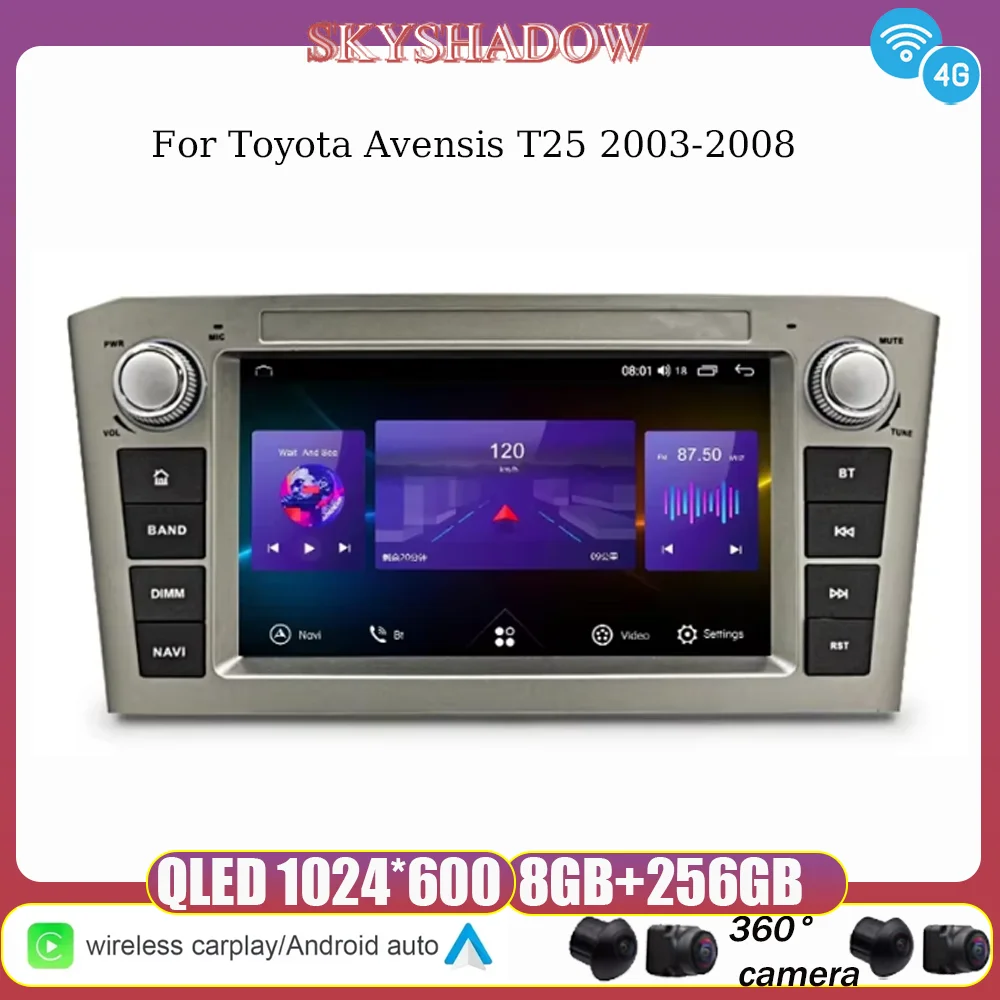 12G+256G Carplay Auto Android 13.0 IPS LTE Car DVD Player GPS map WIFI Bluetooth 5.0 RDS Radio For Toyota Avensis T25 2003-2008
