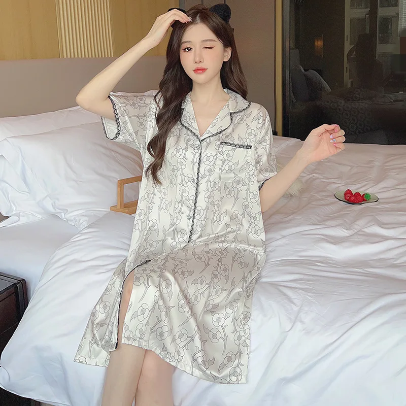 Korean Pajamas Dress Loungewear Sleepwear Silk Nightgown For Women Lapel Short Sleeve Sleepshirt Ladies Home Wear Nightie