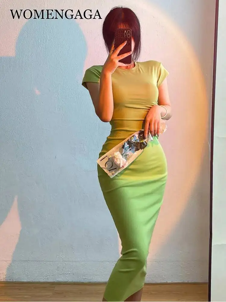 WOMENGAGA 純粋なセクシーなラウンドネックハイウエストプリーツスリムヒップ半袖 Tシャツロングドレスマキシドレス女性ファッションローブ K8VS