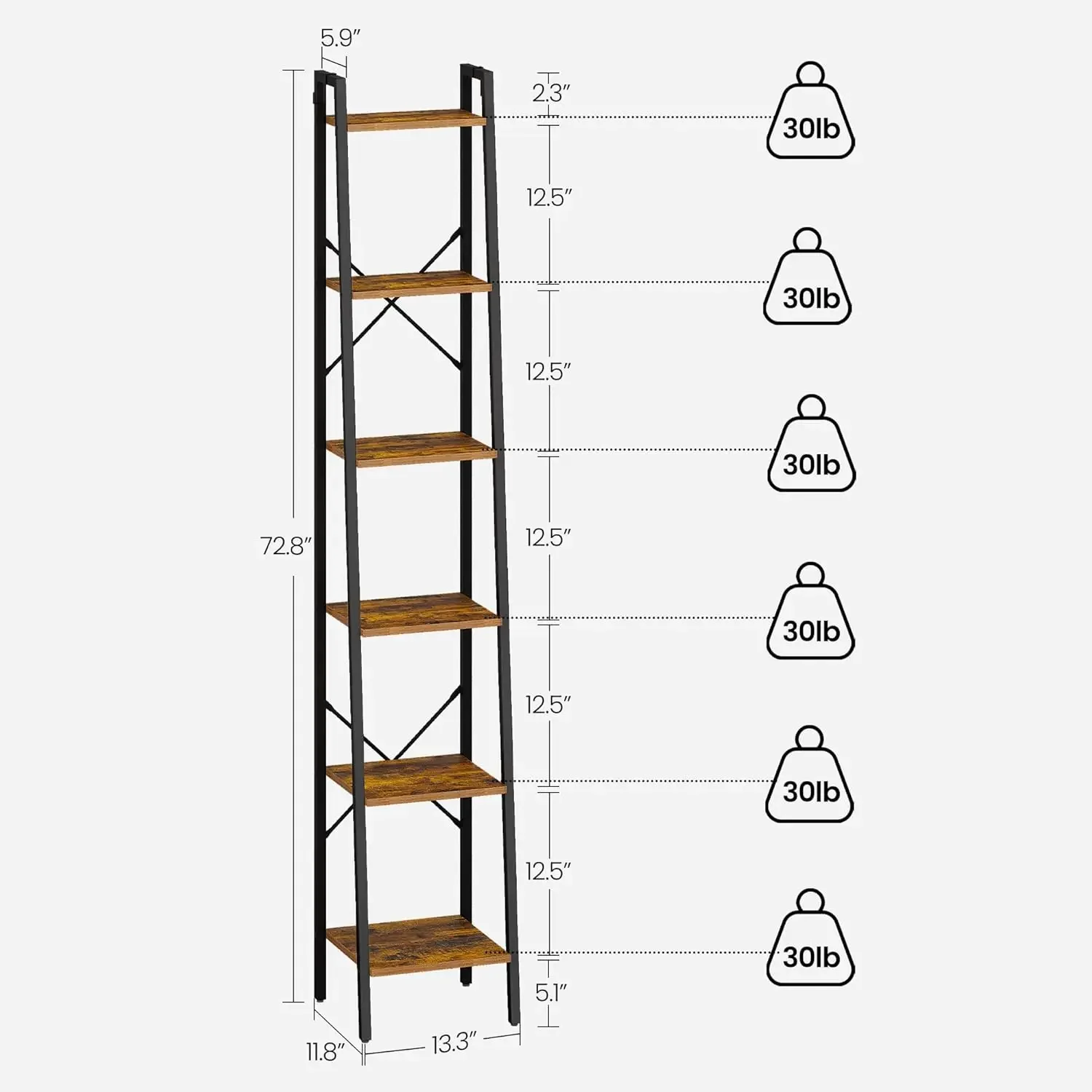 Bookshelf Bookcase, Freestanding Corner Storage Shelve with 2 Hooks for Home Office, Living Room, Kitchen, Bedroom, Industrial