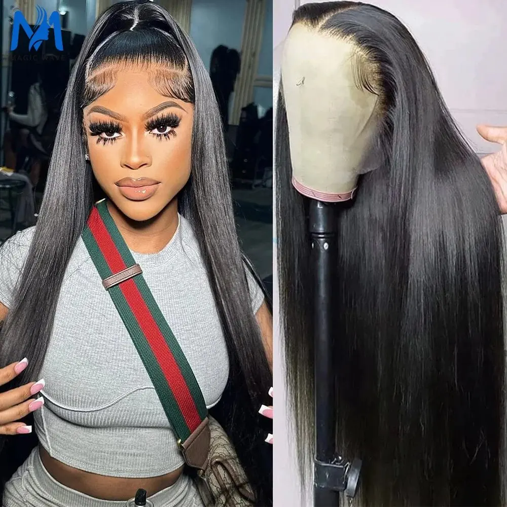 Natural Black 28 Inch 13X6 HD Lace Forehead Wig Human Hair 13x4 Straight Women Pre-Plucked Closure 180 Density Wig Human Hair