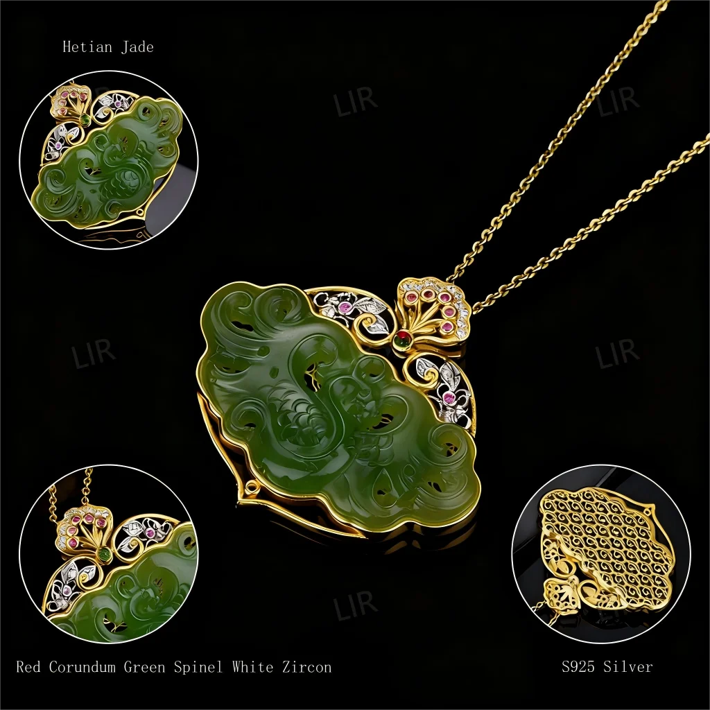 قلادة LIR S925 من الفضة: قلادة تخريمية مجوفة من اليشم الهيتي الطبيعي "Jade Phoenix". |   الحظ الوظيفي + شهادة المجوهرات