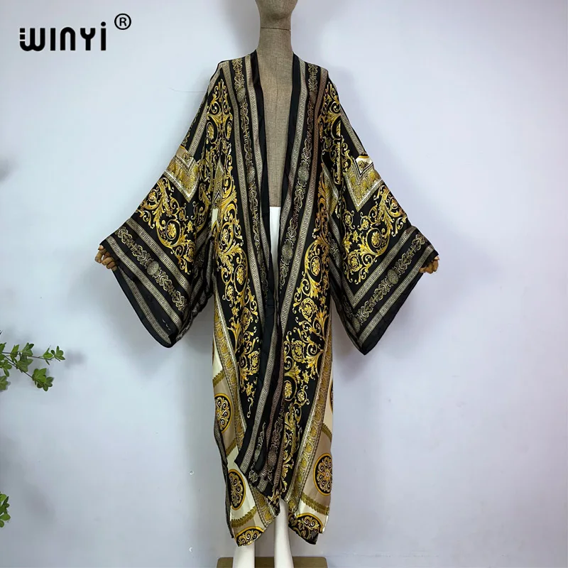 WINYI kimono Classic pattern print beach outfits for women Bohemian Cardigan Cover-up stitch Boho Maxi Holiday party kimono