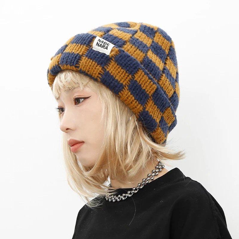 Contrasting Color Plaid Women\'s Hats Autumn and Winter Japanese Retro Street Checkerboard Thickened Warm Cover Knit Beanies Men