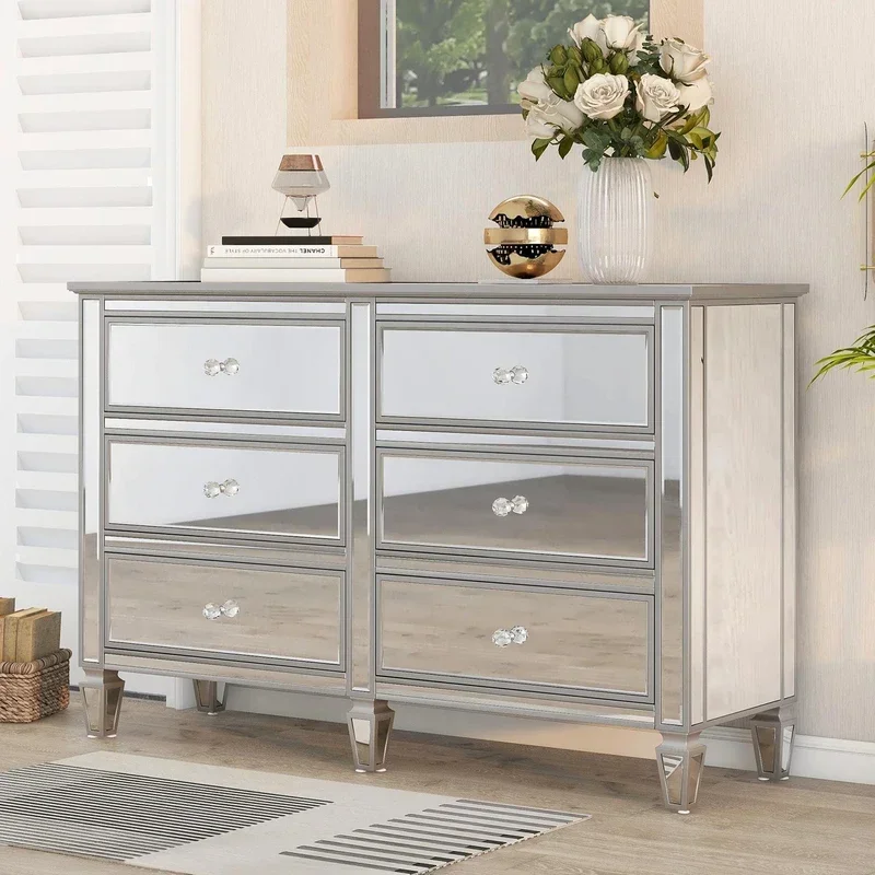 

Elegant Mirrored Dresser with 6 Drawers, Modern Silver Finished Dresser 56.1“L x 18.1” W x 36.4” H for Living Room Bedroom