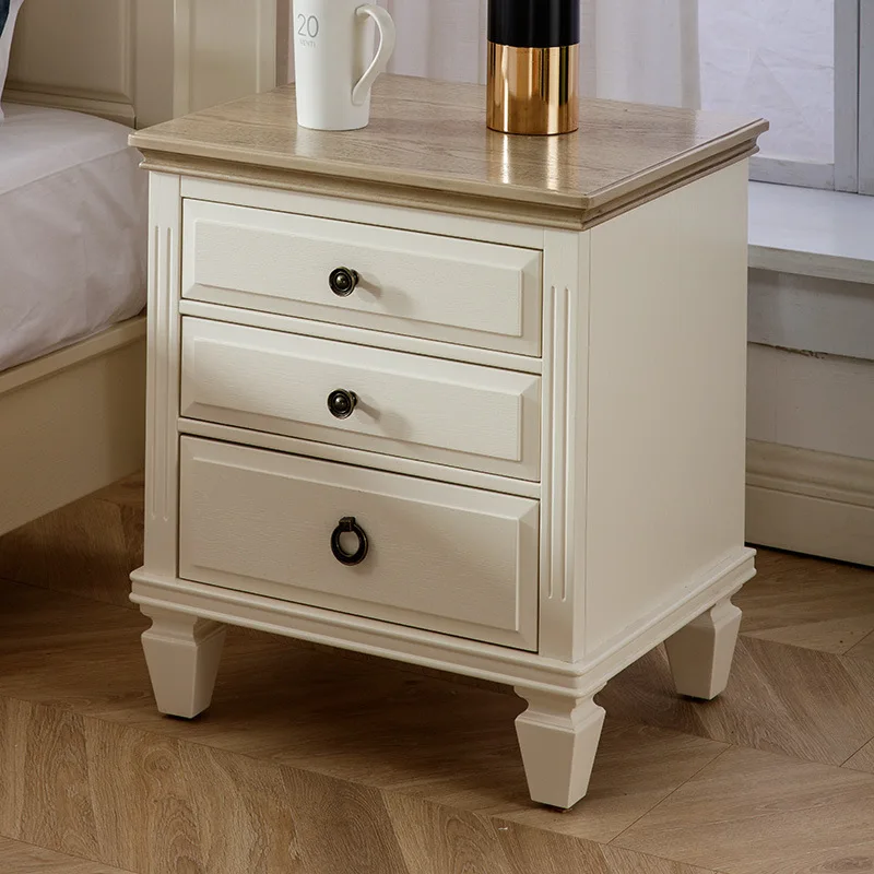 

Three-drawer bedside table American pure log bedroom solid wood furniture set environmentally friendly wood grain white bedside