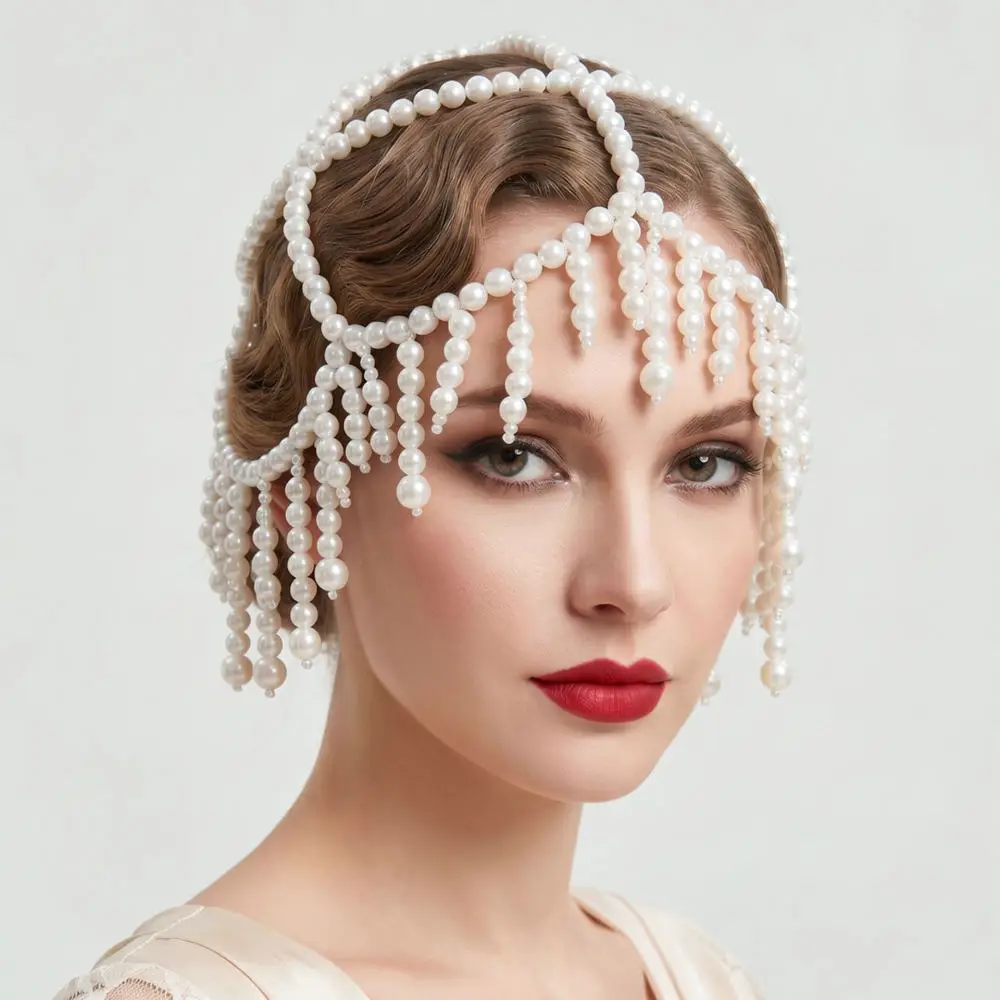Handmade Pearl Tassel Hair Chain Bridal Headdress Vintage Hollow Hair Jewelry Accessories For Wedding Party Decor