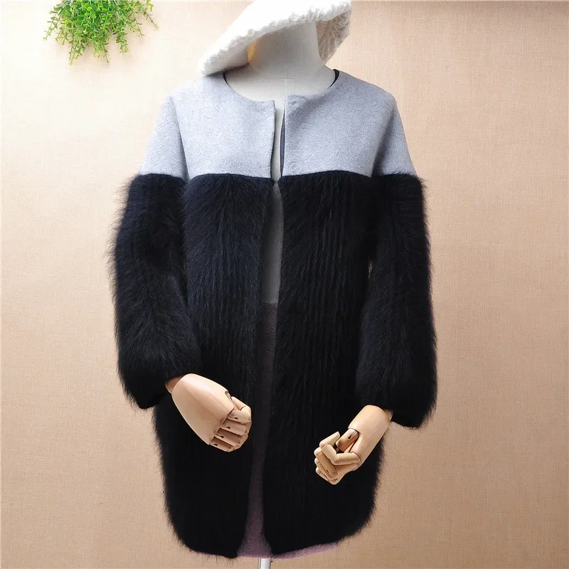 

heavy thick colored winter women fashion mink cashmere knitted loose long sleeves covered button cardigan angora fur jacket coat