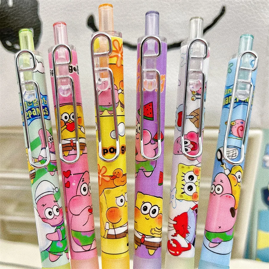 6-Pack SpongeBob SquarePants Push-Down Mechanical Pencil with High-Quality Black Cartoon ST Fast-Drying Exam Brush Pen for Cute