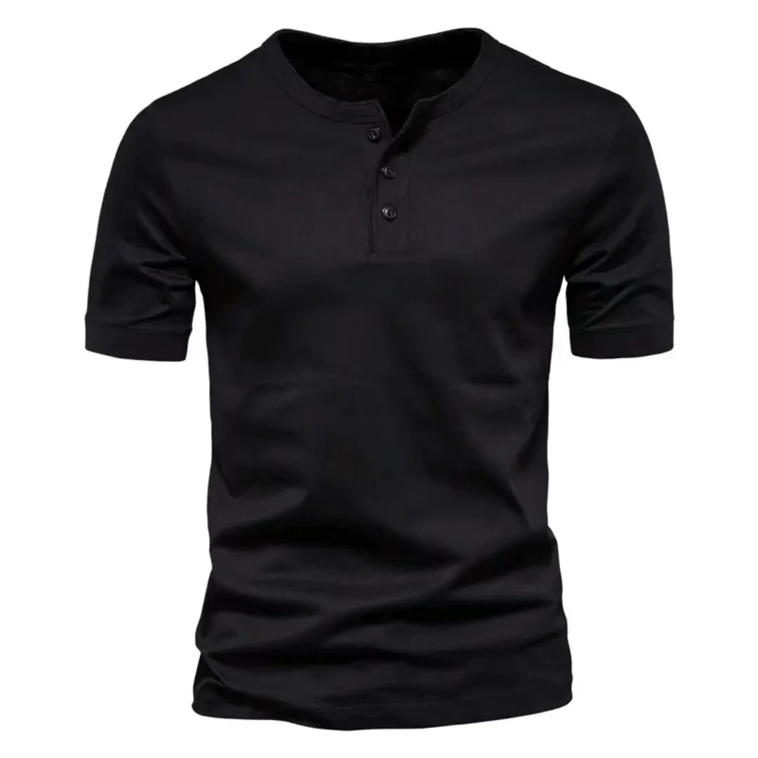 2026 Summer Men's T-Shirt Henry Neck Fashion Design Slim Fit Soild Male Tops Tees Short Sleeve Pull On Sports Casual T Shirt Men