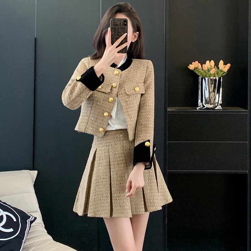 Fashion Two Pieces Autumn Sets Chic Long Sleeve Stand Jacket + High Waist Pleats Skirt 2023 New 2 Piece Sets Womens Outifits