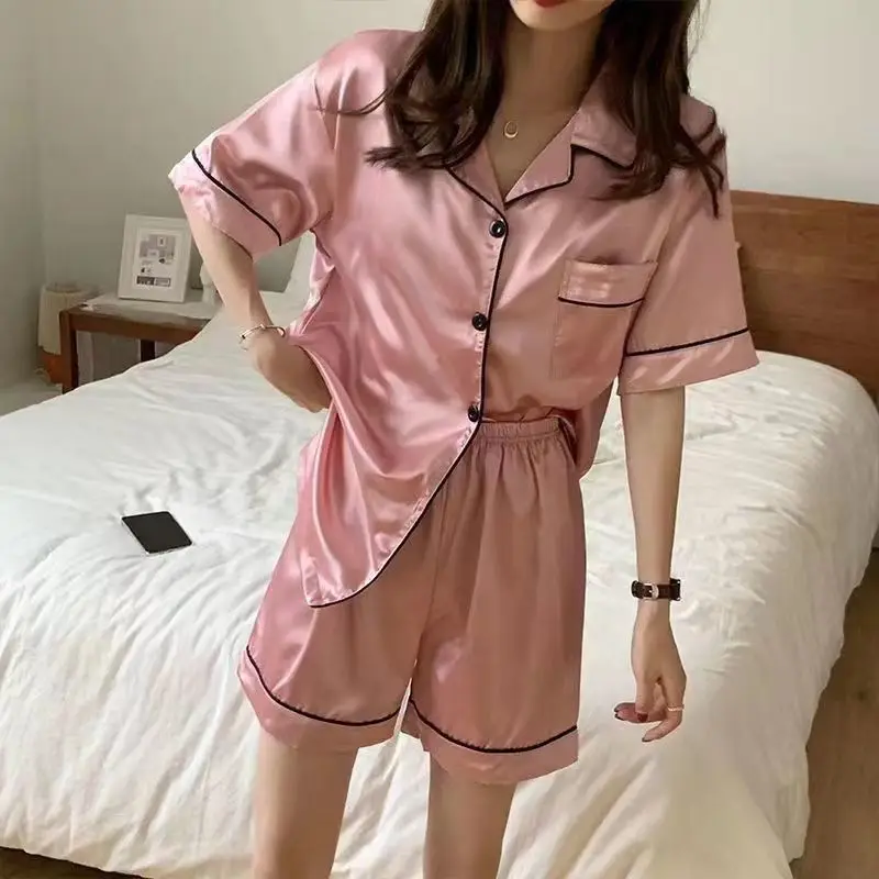 

Pajamas Women Summer Smooth Ice Silk Fabric Large Size Homewear Short Sleeve Set Loungewear Women Pyjamas Women