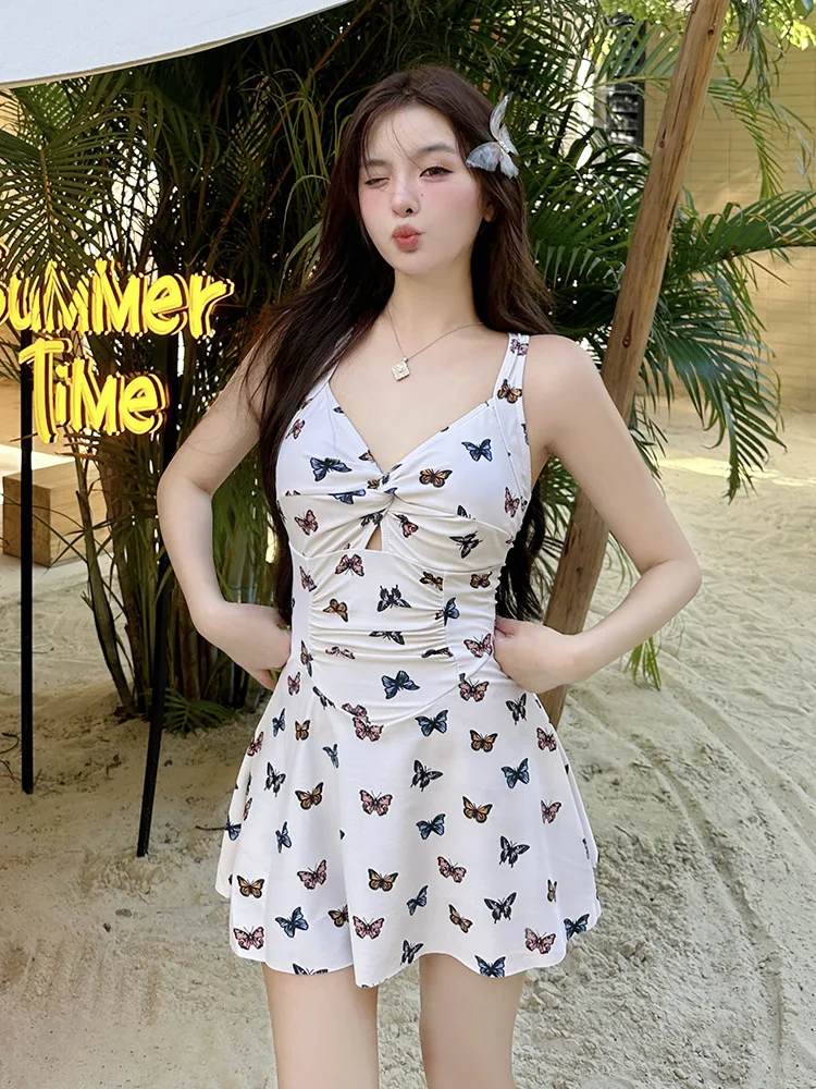 

Korean Butterfly Print Swimwear Women Dress 2024 Sexy One Piece Swimsuit Push Up Bathing Suit Tummy Control Beach Wear Monokini