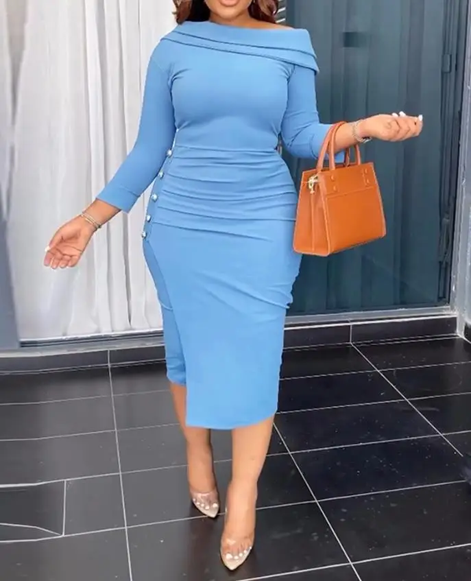 

Womens Dresses 2025 Spring New Off The Shoulder Long Sleeve Bodycon Midi Dress Casual Waist Button Decor Ruched Work Dress