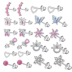 Cute Heart Studs Earring Pink Crystal Ear Stud Stainless Steel Helix Earring Girl Sliver Plated Star Moon Ear Jewelry