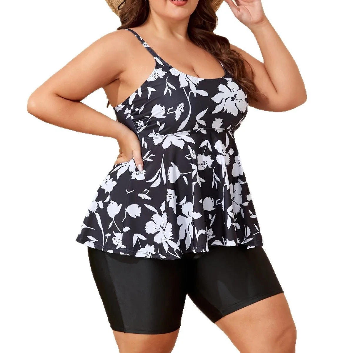 2025 New Arrival Plus Size Tankini Women's Two-Piece Swimsuit High Waisted Floral Print Tummy Control Bathing Suit Swimwear