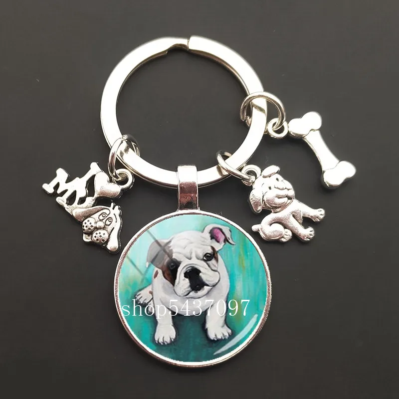 Cartoon dog Lovely Pet pomeranian Pug collie round glass cabochon keychain Bag Car key chain Ring Holder Charms keychains Gifts