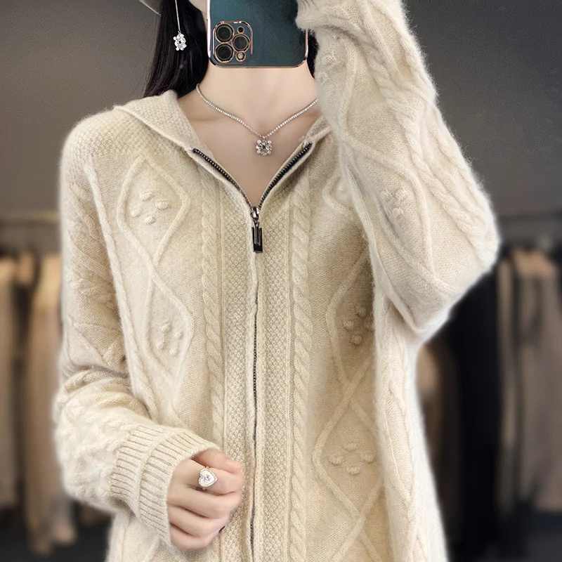 New 100% Merino Wool Hoodie Autumn/Winter Casual Loose Jumper Stylish Korean zippered Cardigan Long Sleeve Top Thick Warm Jacket